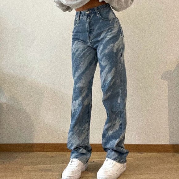 Women Y2K Jeans Large Blue High Rise Wide Leg Tie Dye Print Loose Washed - Picture 2 of 15